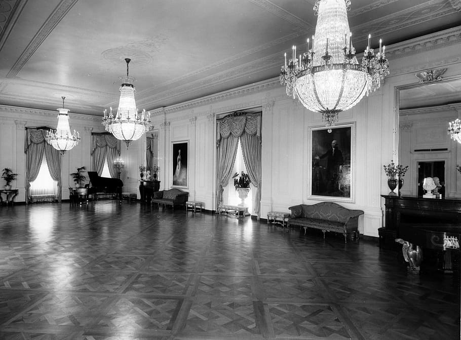 black, white, house, interior, black and white, the white house, 1952, east room, decor, furniture