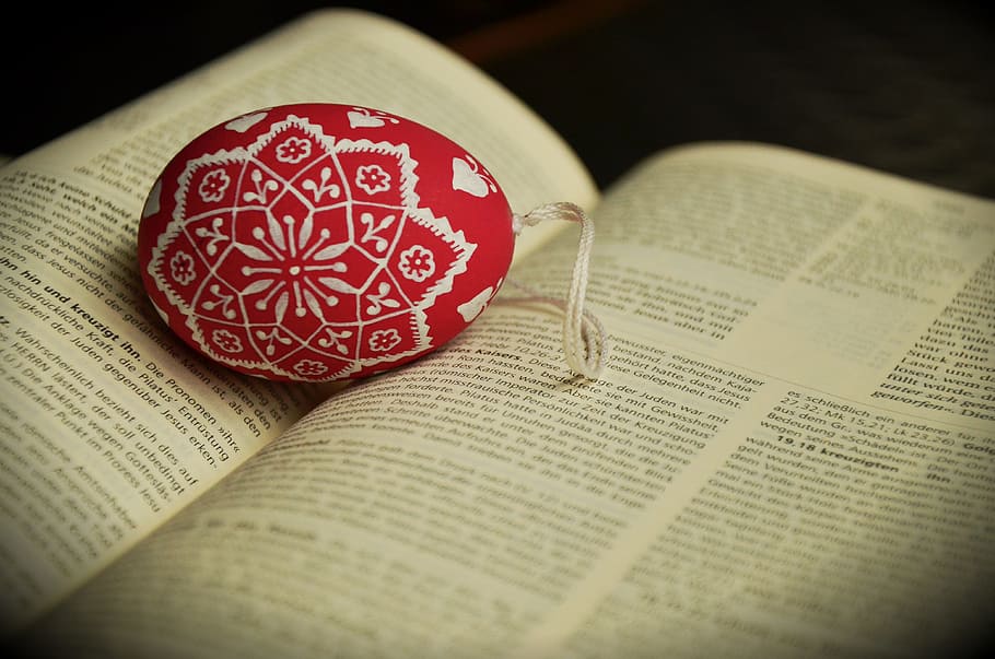 red, white, print egg, open, book, easter, christian faith, easter egg, customs, painting