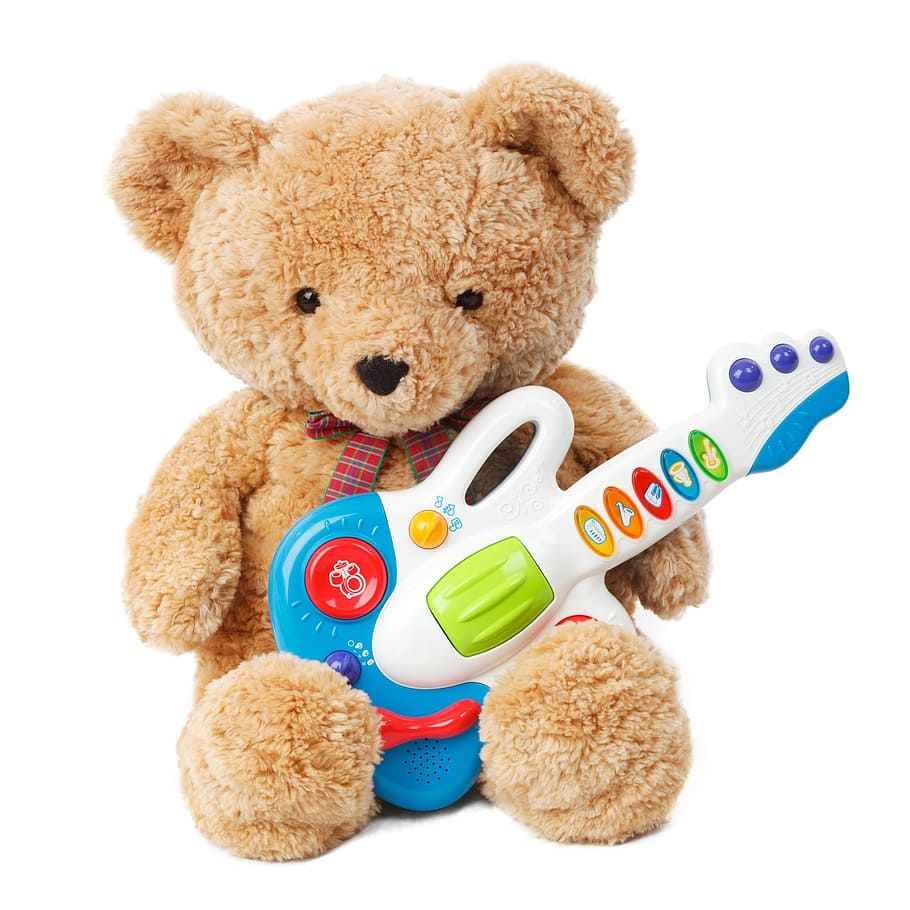 brown, bear, holding, white, blue, guitar toy, animal, artist, cute, fun