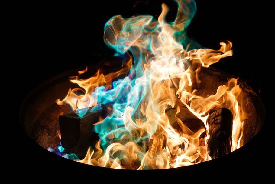 close-up photo, orange, green, fire, digital, wallpaper, flame, charcoal, ash, smoke