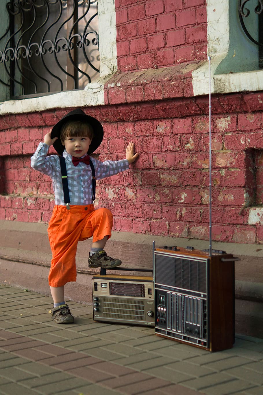 boy, standing, two, vintage, radios, radio, retro, hat, kids, classic
