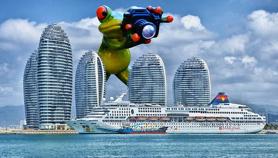green, frog, taking, cruise ship, photographer, giant, funny, ship, hainan, china