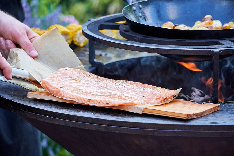 fish, fillet, wooden board, grill, barbecue, meat, hot, bbq, fireplace, fire bowl