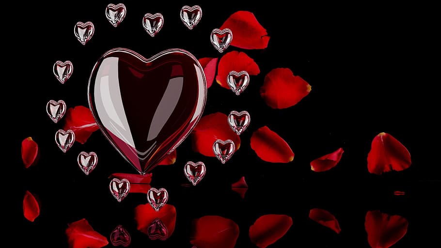 jantung, cinta, roman, asmara, latar belakang, hari valentine, romantis, merah, daun bunga, pernikahan