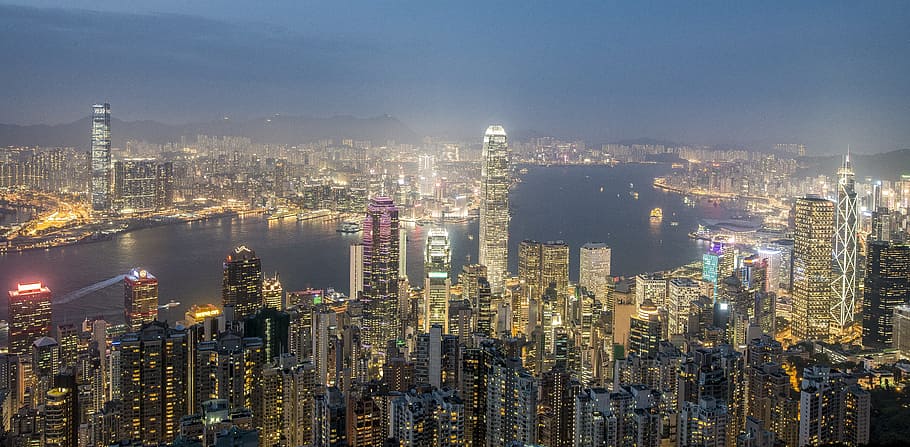 홍콩, 저녁, 시티, 일몰, 마천루, 상부 구조, 응집, 건물 유리, 높은 주택, 밤