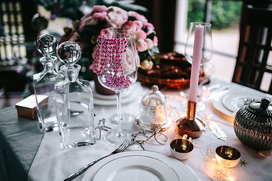 mesa, decoraciones, juego de mesa, rosa, fiesta, glamour, navidad, vaso, nadie, vidrio - material