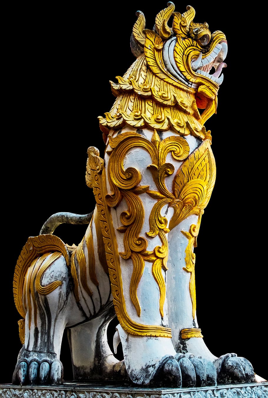 stone figure, statue, lion, isolated, thailand, asia, chinese, china, far east, gilded