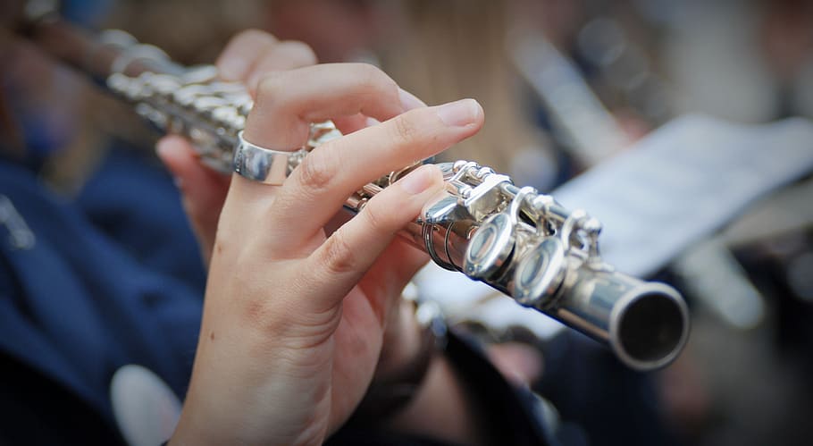 person playing flute, flute, music, instrument, hand, musician, musical instrument, marching, street music, human hand