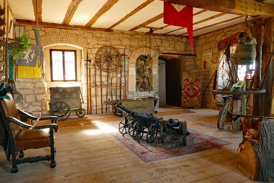 castle, castle room, setup, utensils, middle ages, knight, cannon, indoors, seat, chair