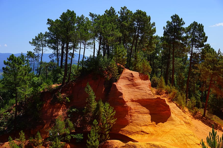 green, leaf trees, sprout, brown, mountainm, ocher rocks, roussillon, ocher trail, sentier des ocres, rock