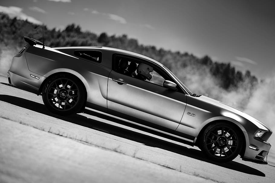 coupe, grayscale photography, ford, mustang, 5, america, muscle, car, petrolhead, speed