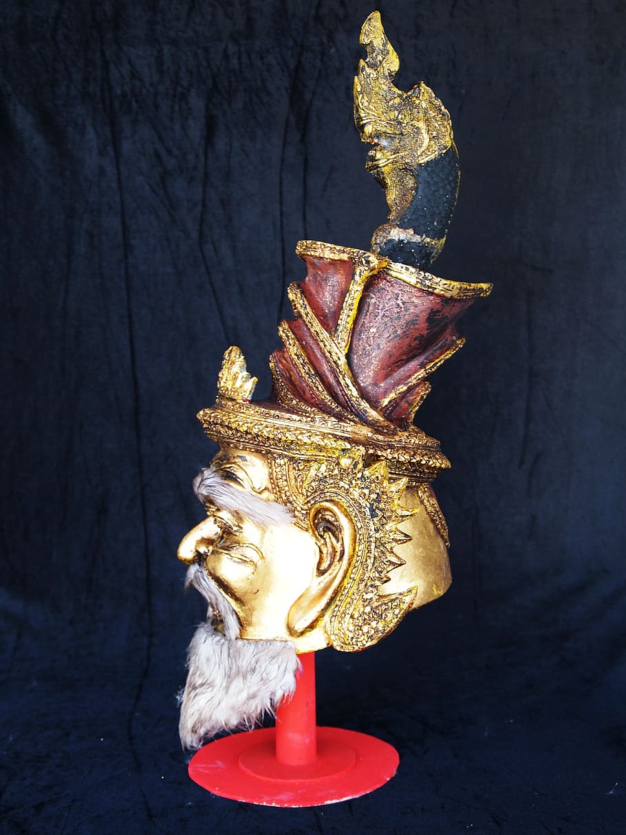 Naga, máscara, tailandés, en el interior, de color dorado, sin gente, naturaleza muerta, arte y artesanía, primer plano, rojo