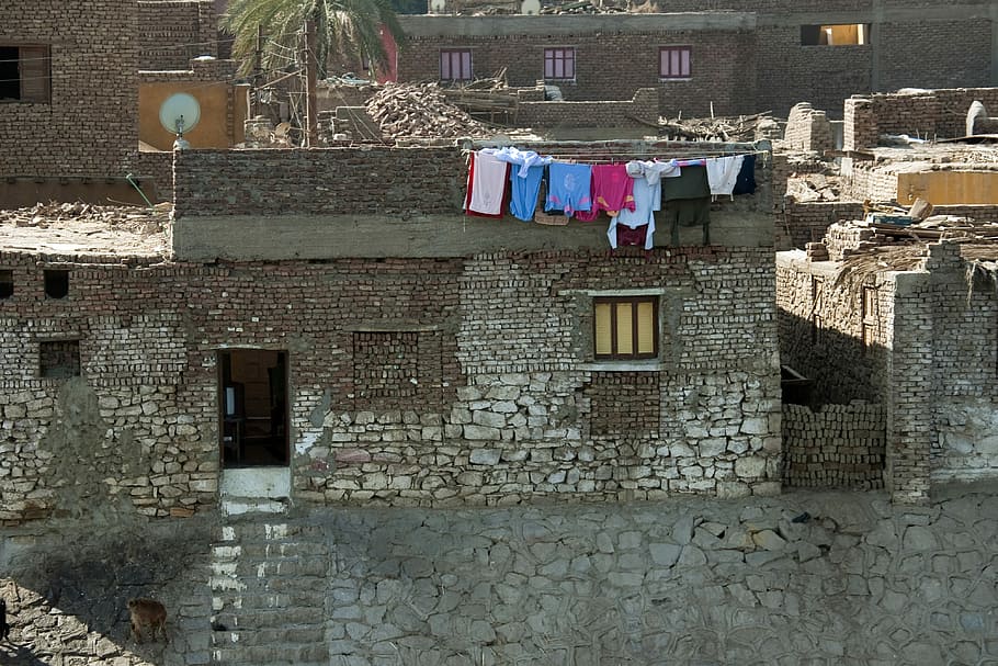 Poor, Housing, River Nile, Bankside, poor, housing, washing line, egypt, architecture, built structure, clothesline