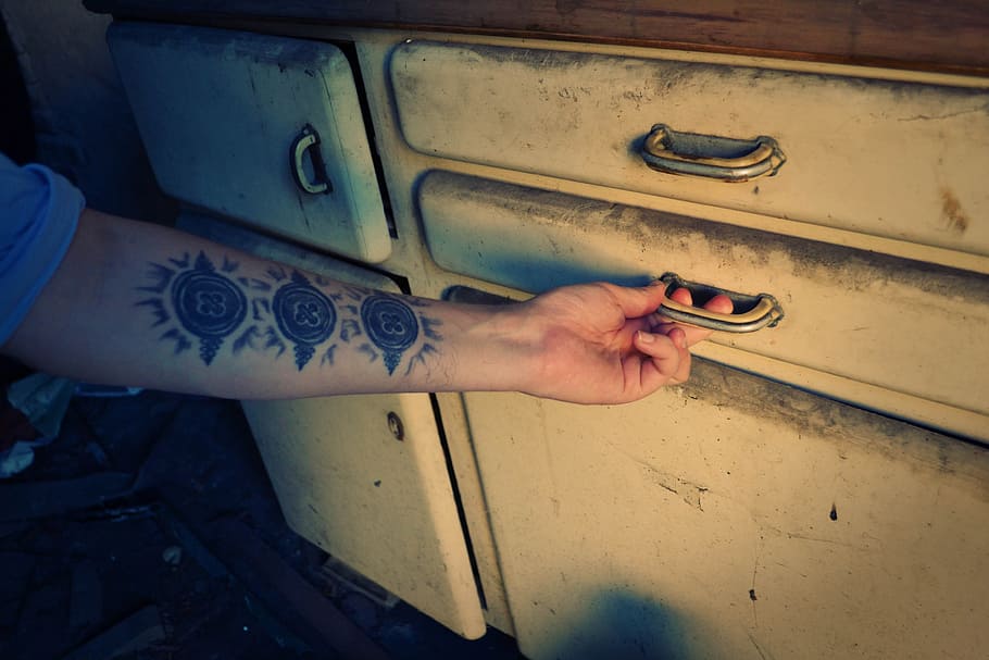 person, holding, drawer, handle, arm, hand, opening, furniture, old, dirty