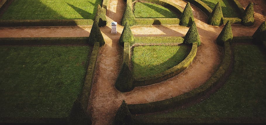 maze garden, areal, photography, green, hedge, maze, castle, garden, grass, paths