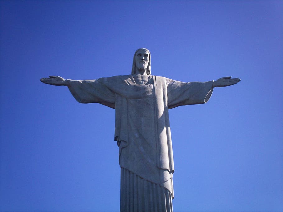 christ the redeemer, christ, rio de janeiro, brazil, redeemer, south america, tropical, blue, statue, stone