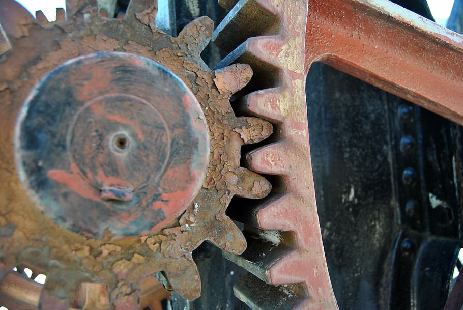 brown, black, steel gear close-up photo, gear, technology, union, mechanism, support, cohesion, collaboration