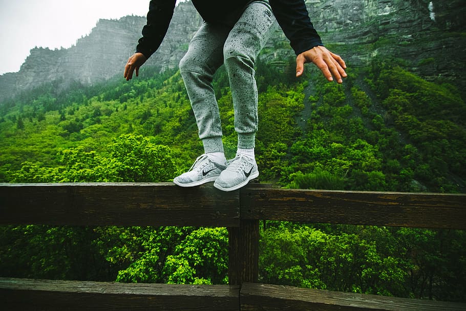 man, standing, rail, mountain, distance, jump, leap, perch, ledge, balance