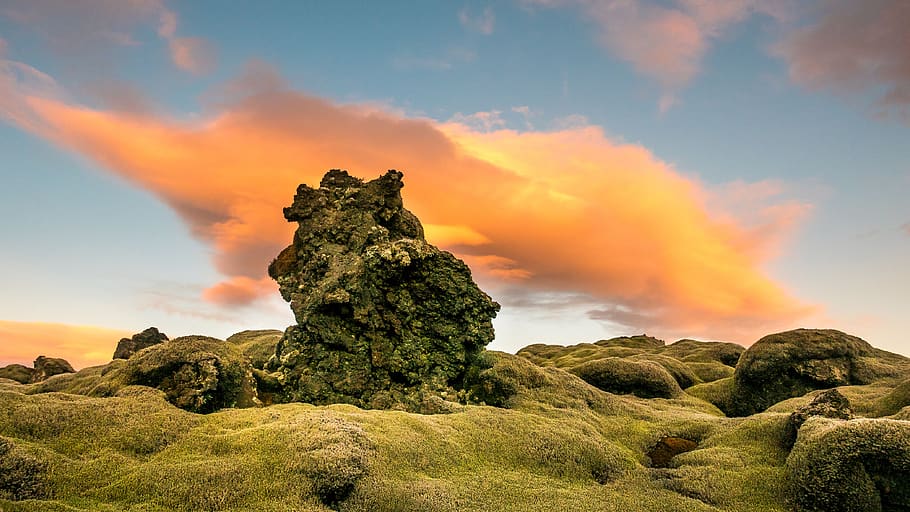 cloud, sky, sunset, rock, formation, green, grass, landscape, view, beauty in nature