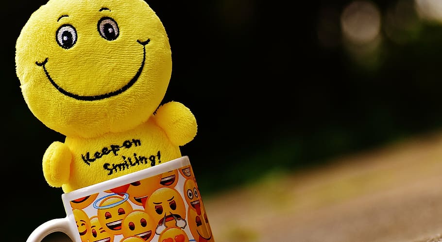 multicolored, emoji-themed, ceramic, mug, emoji, plush, toy, smilies, cup, yellow