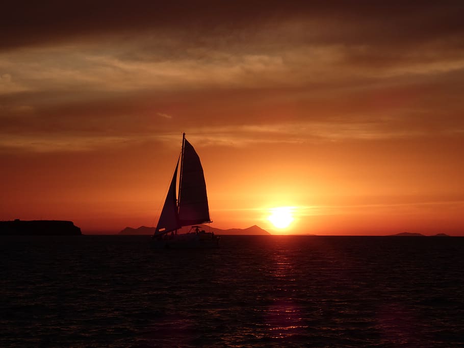 sunset, sailboat, santorini, sea, ship, sky, ocean, travel, dusk, landscape