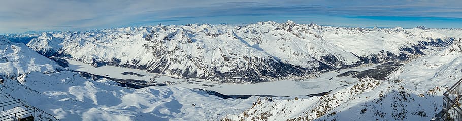 engadin, panorama, switzerland, alpine, graubünden, mountains, nature, snow, landscape, view