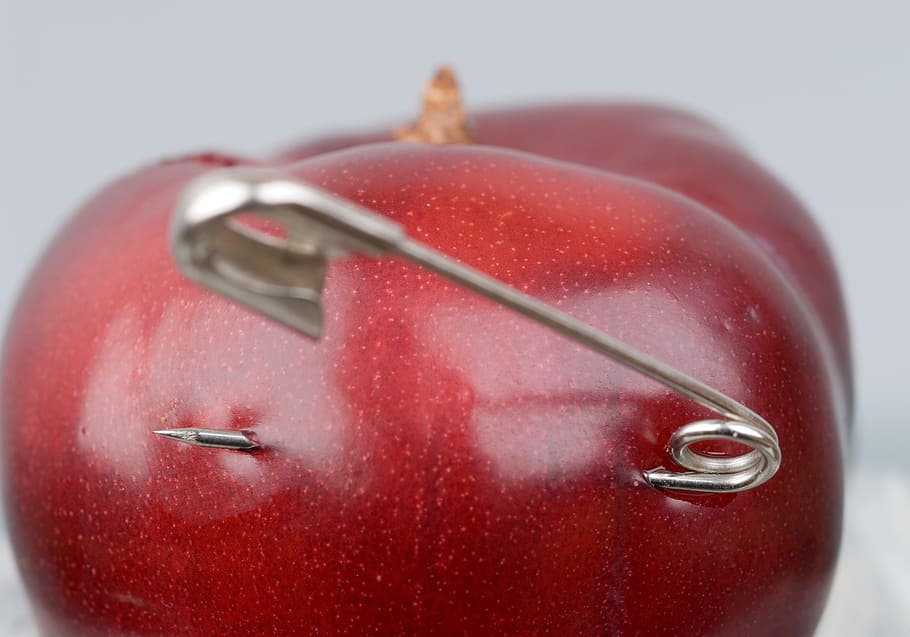apple, security, safety pin, studio shot, red, close-up, indoors, colored background, food, fruit