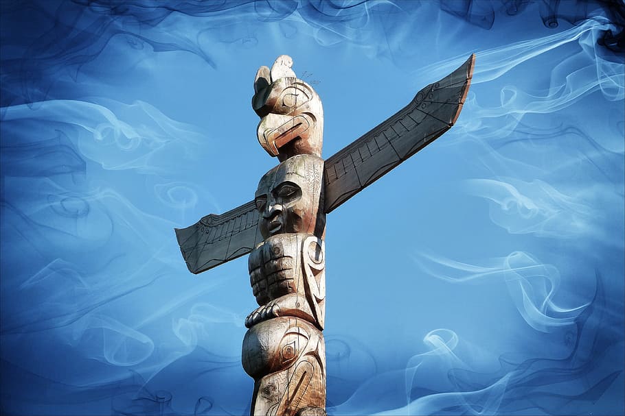 brown, wooden, totem, blue, background, totem pole, indian, native, culture, symbol