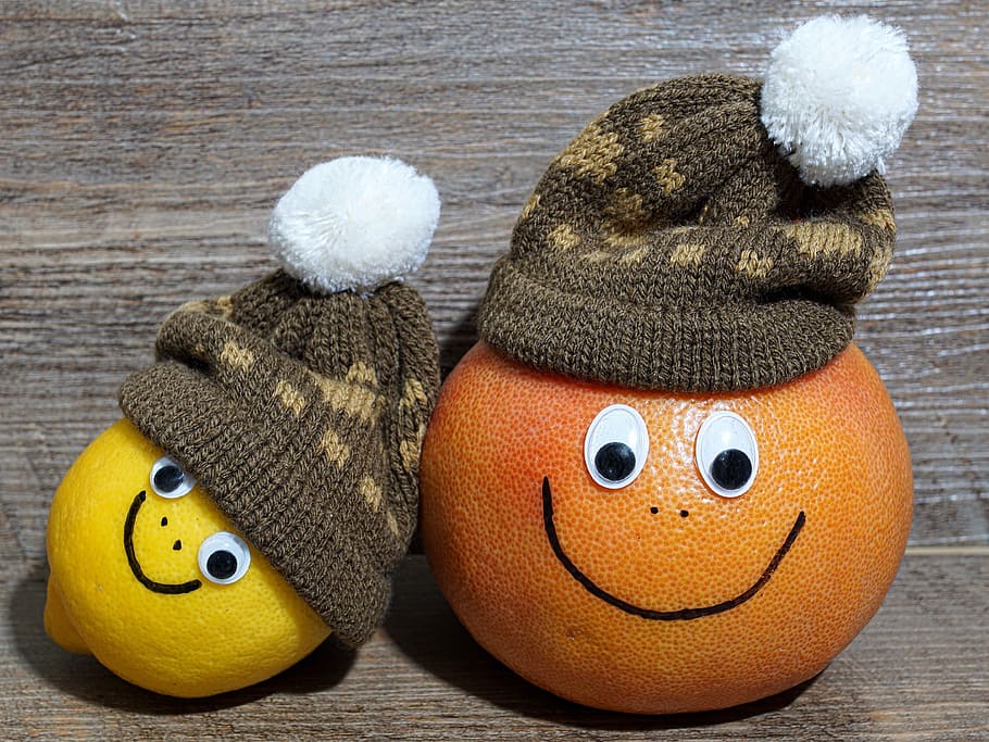 Amarillo, limón, naranja, fruta, marrón, tejido de punto, decoración de gorras, pomelo, caras, alegre