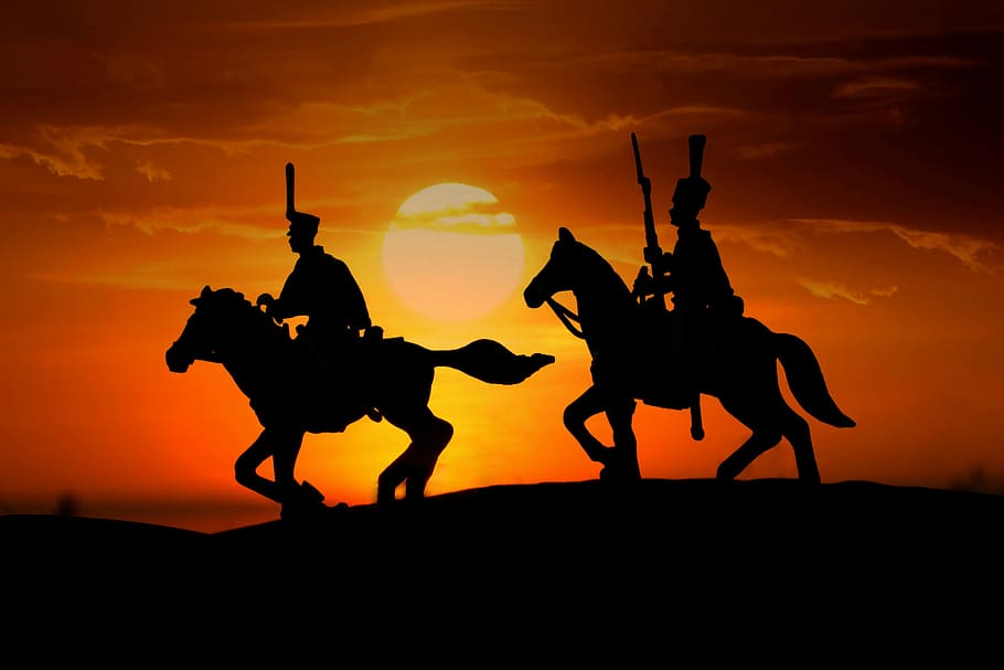 silhouette, person, riding, horses, riders, soldiers, sunset, silhouettes, army, lead