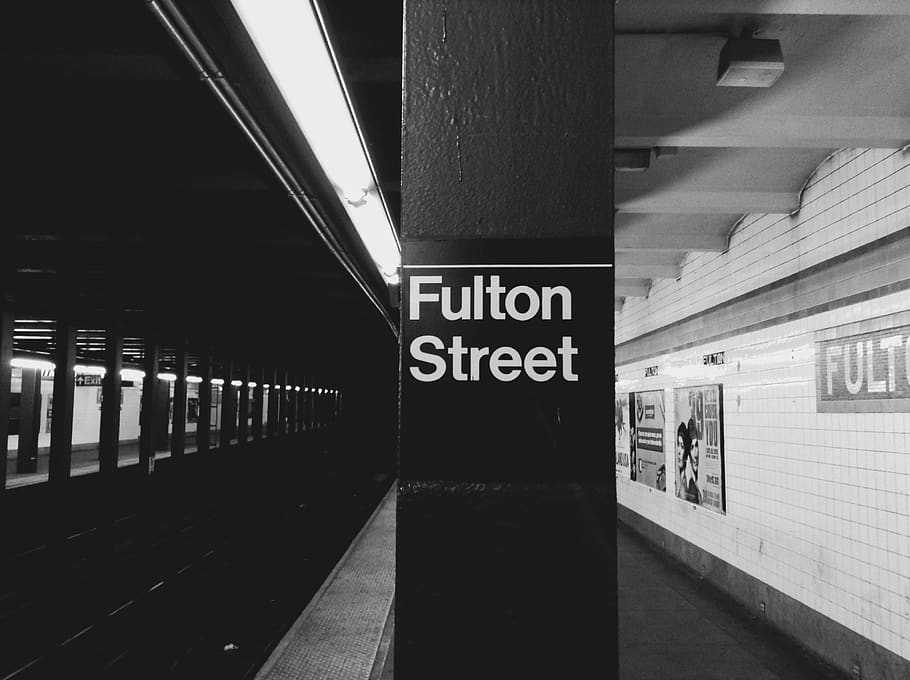 fulton street, nyc, subway, station, transportation, platform, urban, new york city, black and white, architecture