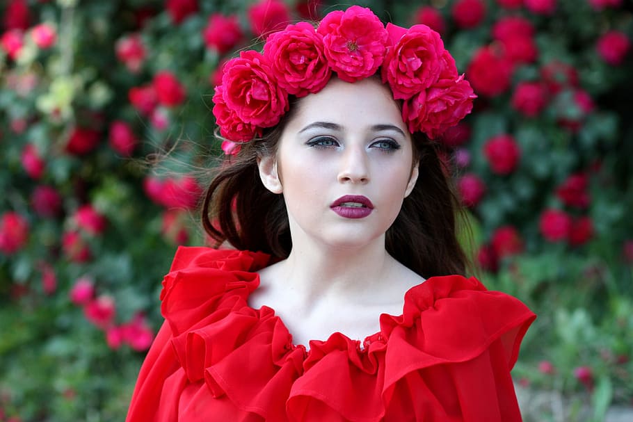close-up photo woman, red, top, daytime, girl, roses, wreath, flowers, beauty, one person
