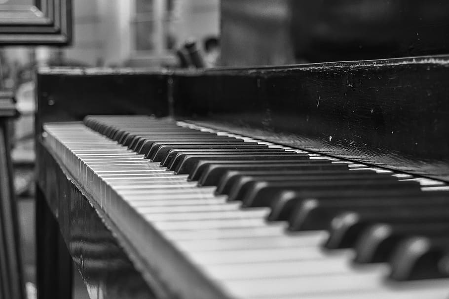 fotografia em escala de cinza, piano, chaves, instrumento, música, fechar, branco, preto, clássico, tocar