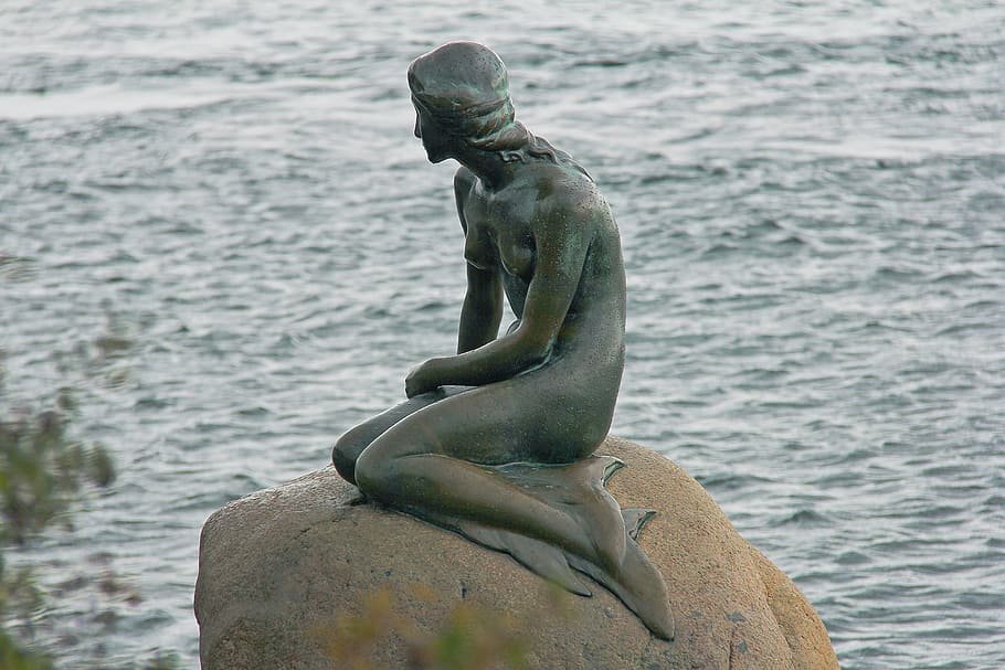black, mermaid statue, sea, daytime, Mermaid, statue, popular, the little mermaid, danish, famous sculpture