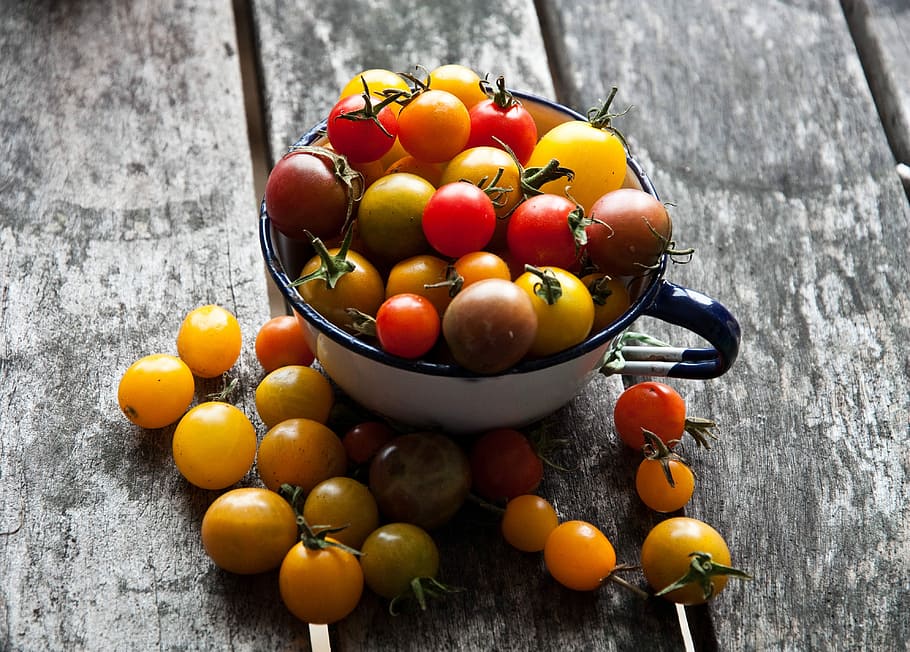 Tomat ceri, mangkuk, ceri, cangkir, bahan, merah, tomat, sayur, sayuran, kayu