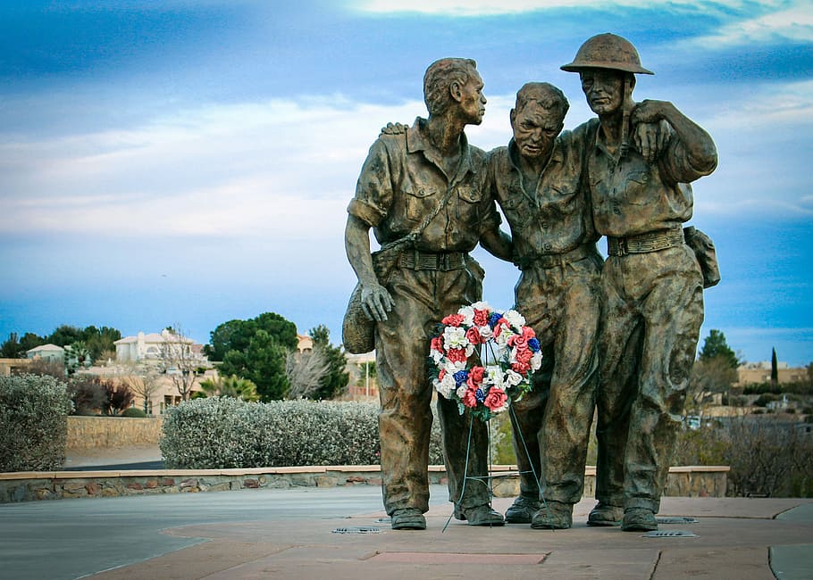 exército da guerra mundial, concreto, estátua, homem, março de morte bataan, novo méxico, veterano, veteranos, memorial, parque memorial dos veteranos
