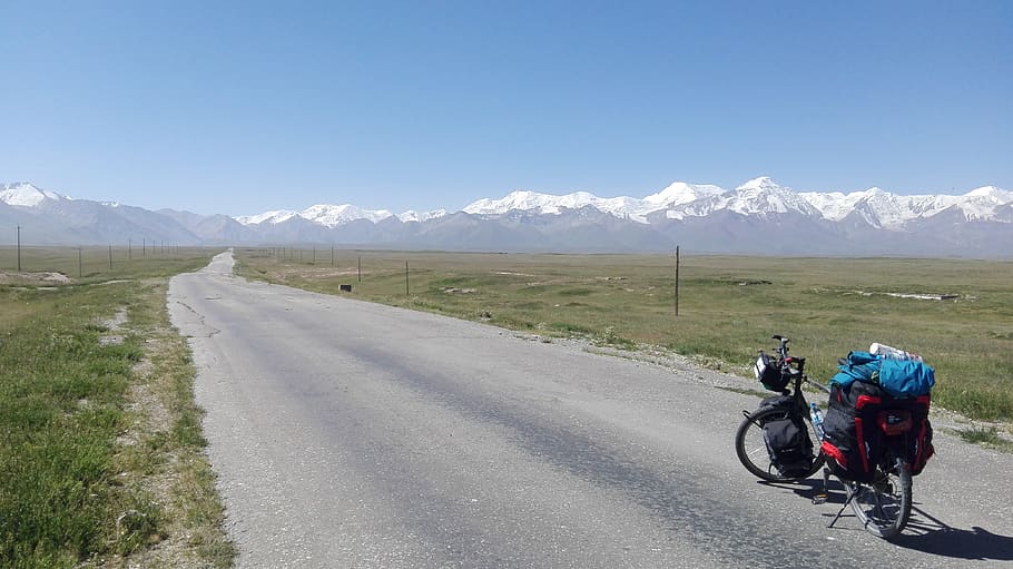 ásia, central, bicicleta, montanhas, céu, nuvens, pamir, tajiquistão, quirguistão, solidão