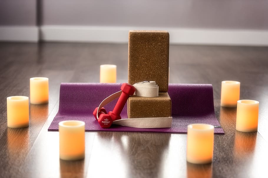 yoga, candle, block, mat, health, training, weights, fitness, exercise, workout