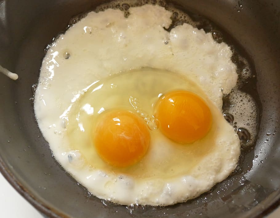 telur goreng, telur dobel kuning telur, telur dengan dua kuning telur, telur, kuning telur, sarapan pagi, makanan dan minuman, makanan, makan sehat, kesegaran