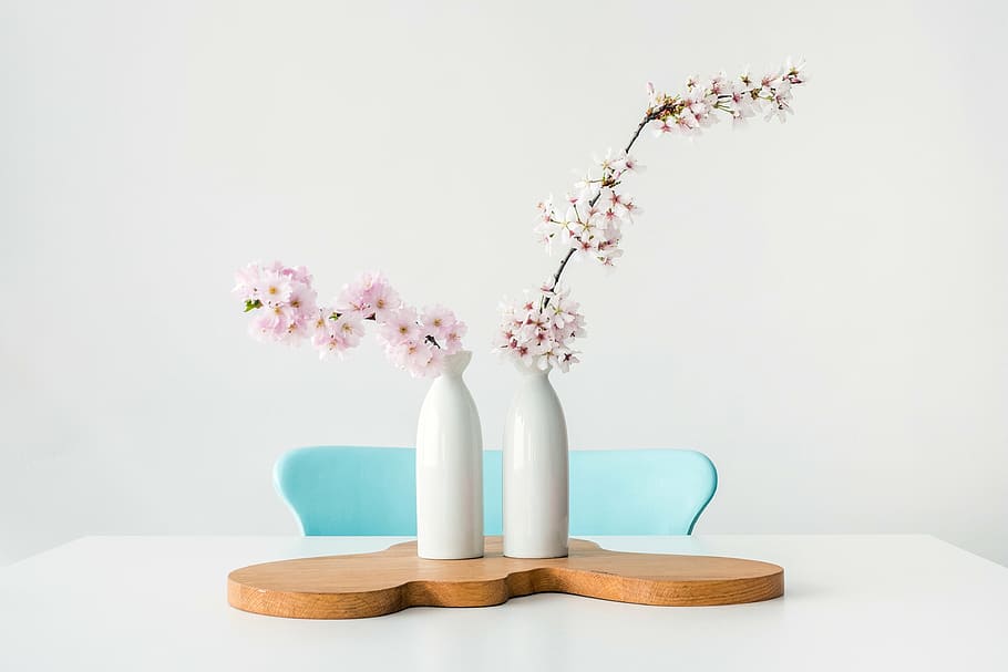 putih, merah muda, bunga, keramik, vas, meja, kursi, dalam ruangan, desain, tampilan