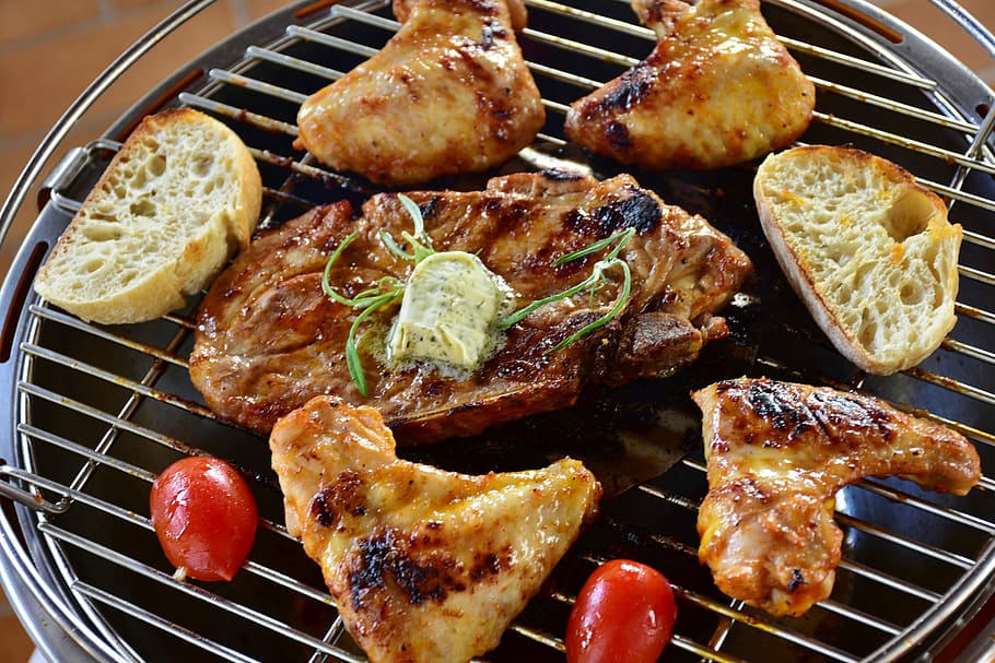 meat grilling, kettle grill, meat, pork steak, chicken, barbecue, summer, benefit from, grill, grilled