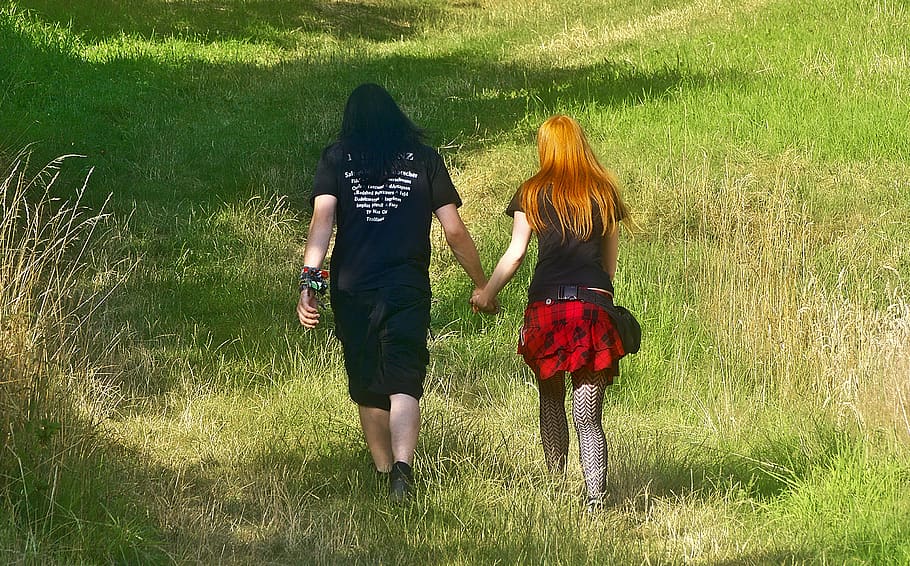 pair, holding hands, walk, punk, nerd, meadow, clothing, for two, nature, summer
