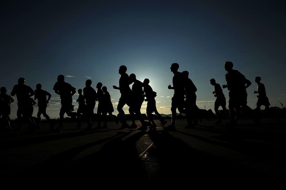 silhouette photography, people, runners, silhouettes, athletes, fitness, healthy, sunset, dusk, jogging