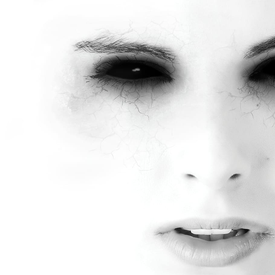 fotografía en escala de grises, rostro de mujer, efectos de cámara, retrato, humano, fotografía en blanco y negro, rostro, adulto, horror, zombie
