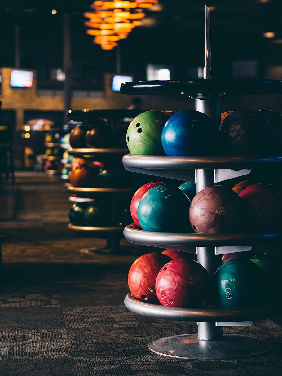 selective, focus, assorted-color bowling balls, rack, blur, bowling, bowling alley, bowling bowl, bowling rack, colors