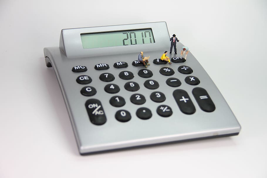 calculator, number, miniature figures, mathematics, sum, subtraction, office, 2017, switch, creativity