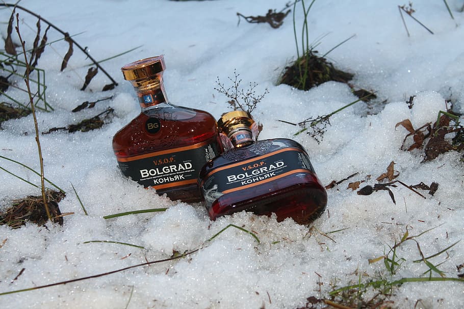 alcohol, snow, cognac, bottle, winter, cold temperature, high angle view, text, nature, land