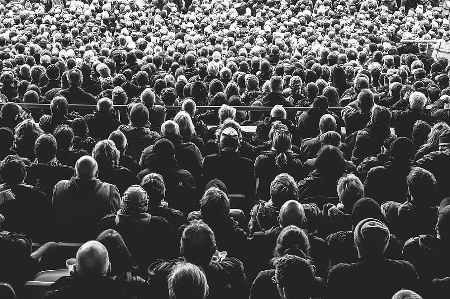grayscale photography, group, people, sitting, chair, gray, scale, crowded, crowd, spectators