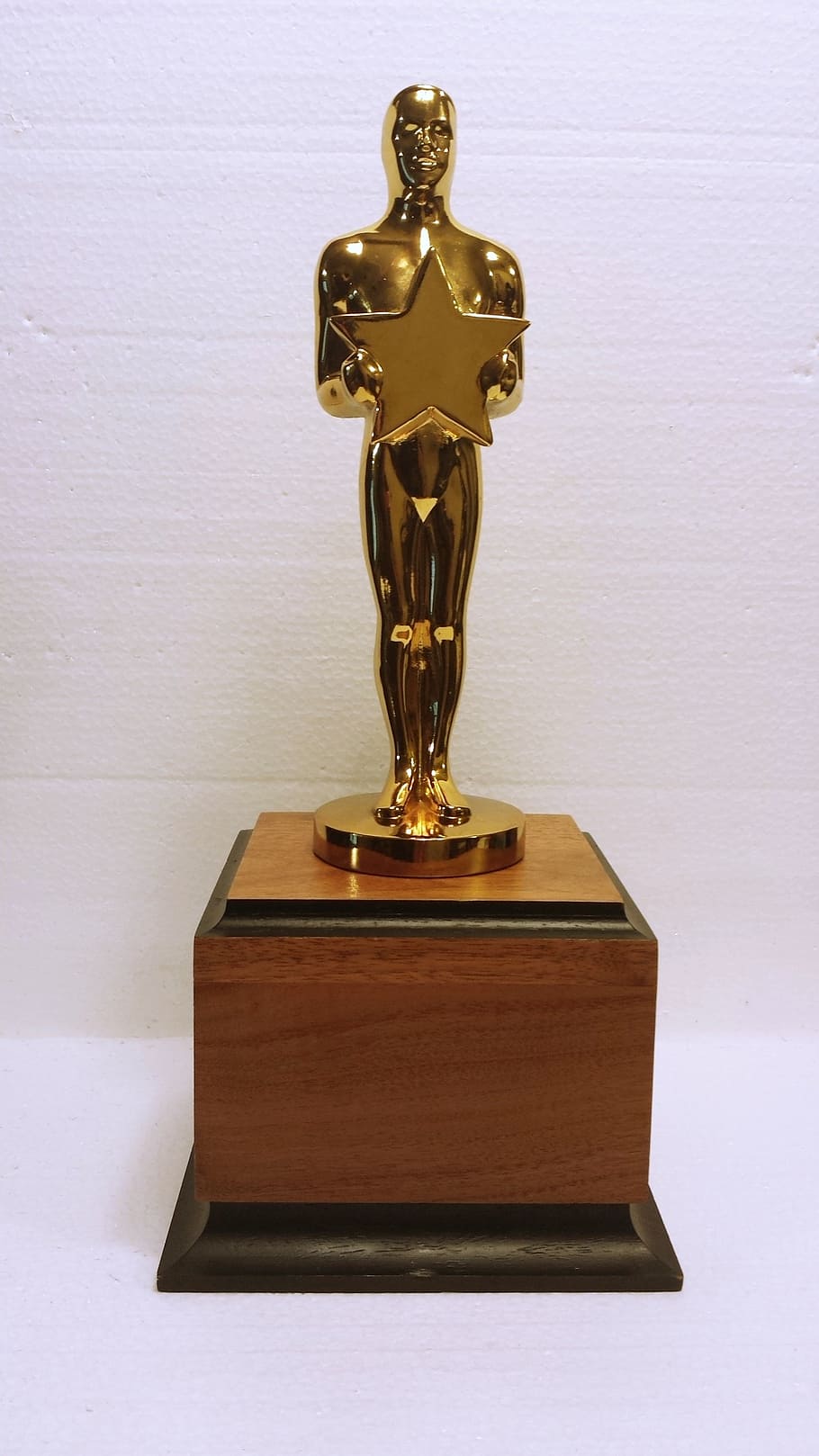 man, holding, star gold trophy, brown, wooden, base, the oscars, oscar, award, studio