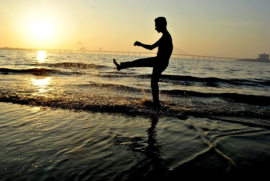 ocean, sunset, beach, waves, water, kicking, play, man, leg, dance